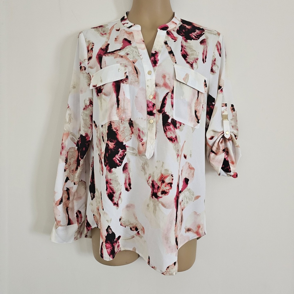 Ivanka Trump Watercolor Floral‎ Roll Tab Long Sleeve Blouse Women's M